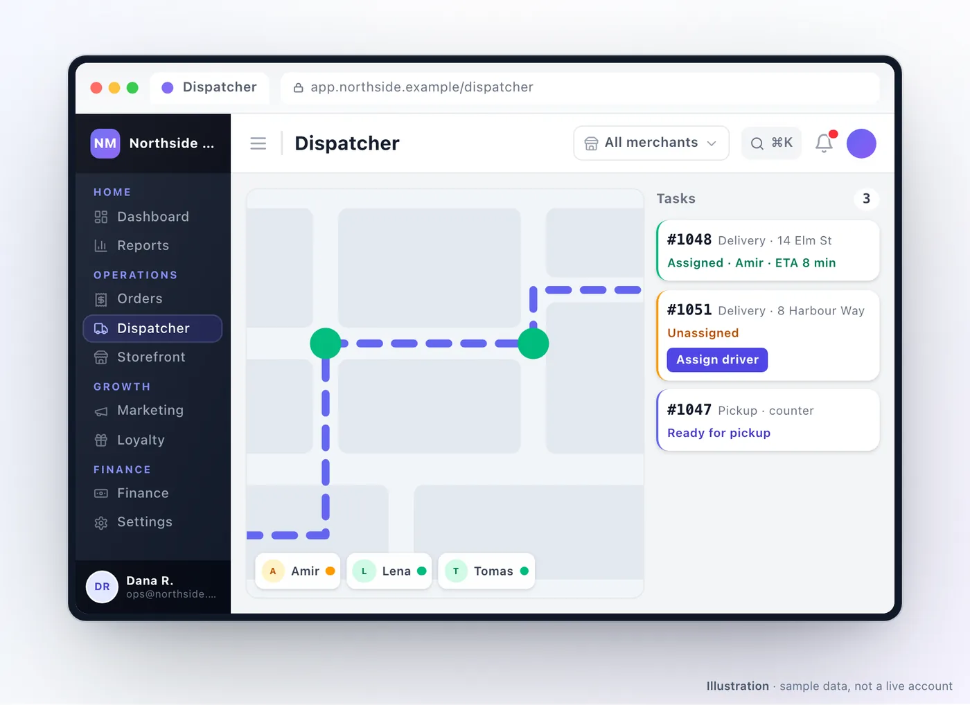 A dispatcher screen in a browser window. A map fills most of it, with two stops joined by a route and a row of driver chips along the bottom, each showing whether that driver is free or busy. A task list down the right shows one delivery already assigned with an arrival estimate, one unassigned with an assign-driver button, and one waiting to be collected.