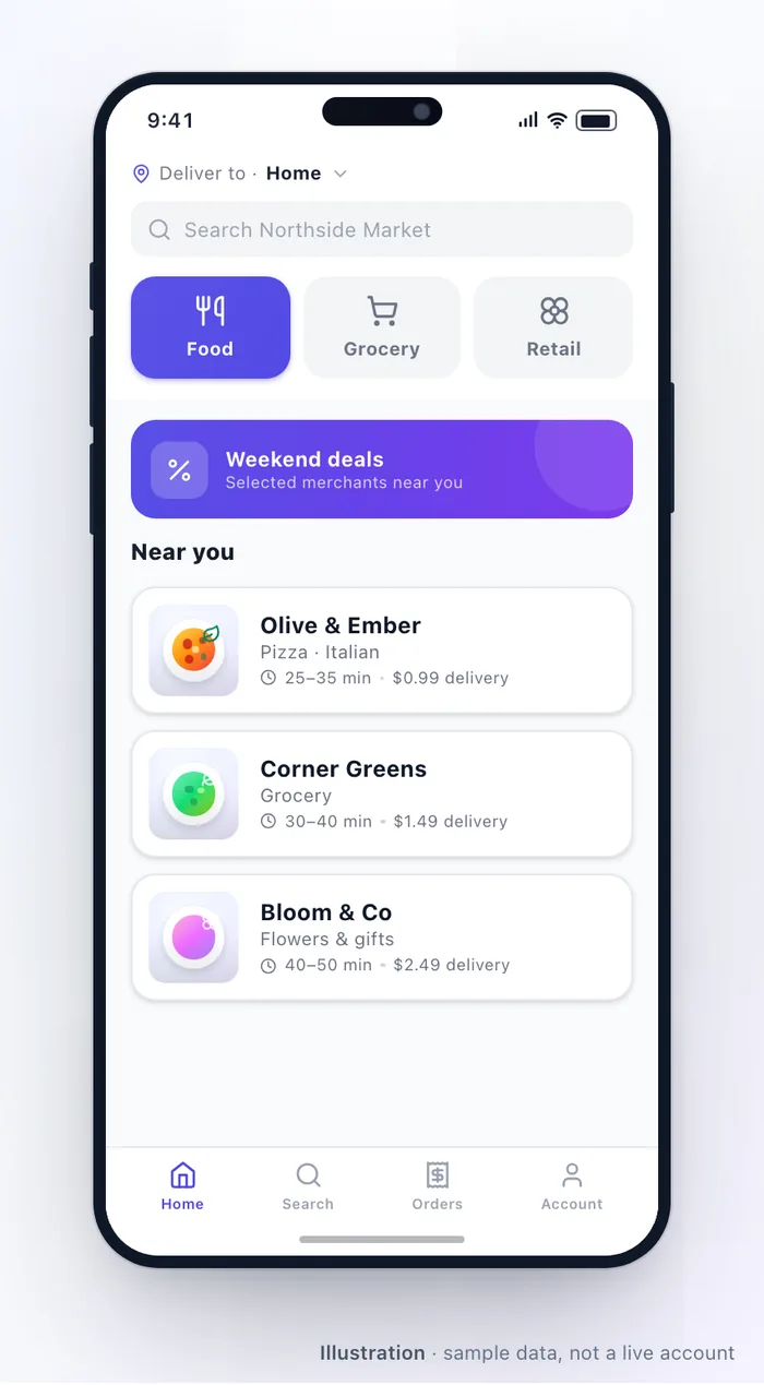 A marketplace storefront on a phone. A delivery address sits at the top, then a search box, then a row of business types — food, grocery and retail. Below a promotion banner, a list of nearby merchants shows each one's name, what it sells, its delivery estimate and its delivery fee.