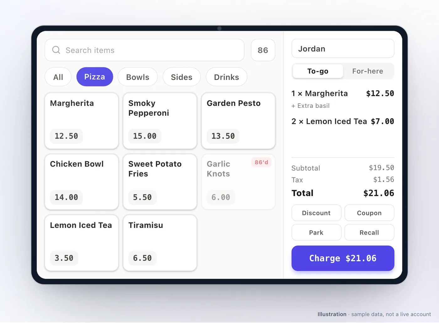 A register on a tablet. Most of the screen is a searchable grid of product tiles with prices, one greyed out and marked as sold out. A panel down the right holds the sale being built — its lines and modifiers, a subtotal, tax, the total, buttons for a discount, a coupon, parking and recalling a sale, and a charge button carrying the amount.